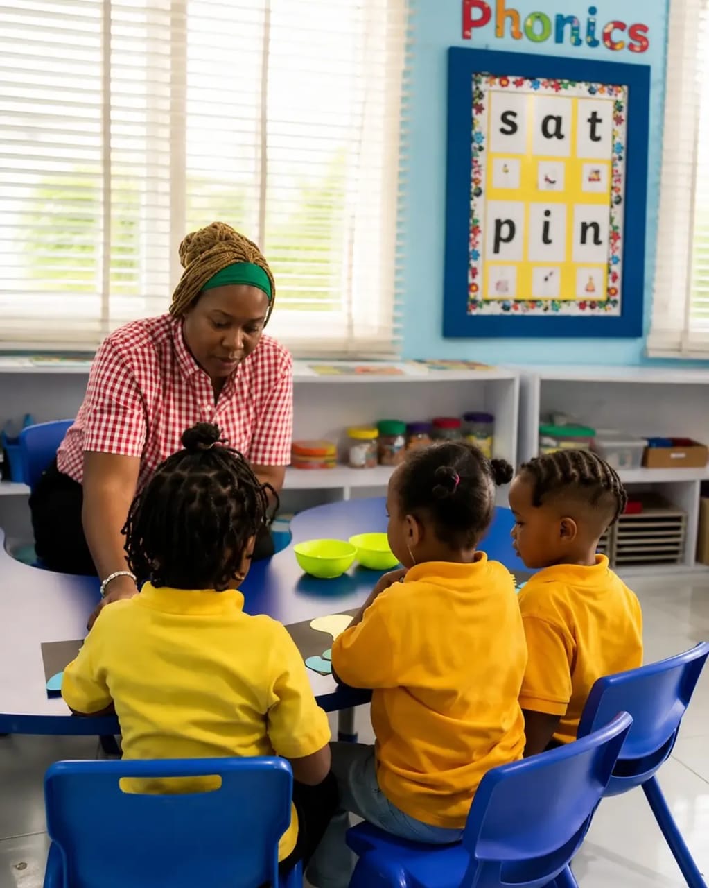 Teacher guiding children during a classroom learning activity